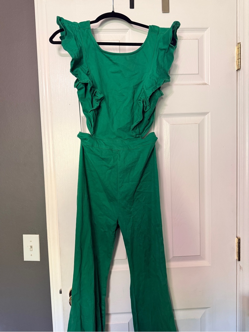Flying Tomato Emerald Green Open Back, Flare Leg, Ruffle-Shoulder Jumpsuit